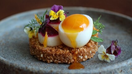 Pickled Cardinal Egg, Steamed Rutabaga & Crispy Oat Biscuit 