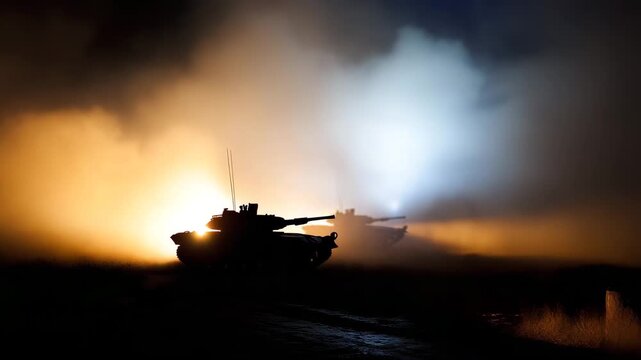 4л ilhouette of military vehicles and tank on a smoky battlefield at night, dramatic backlight and fog, concept of war, tension, and survival war, battlefield, smoke, tank, militar