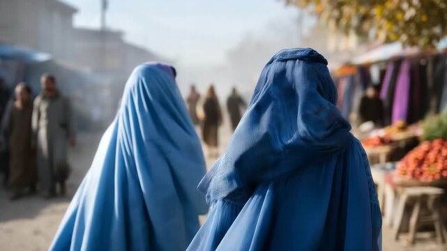 4k Afghan women wearing traditional blue burkas walking through a local market in Andkhoy, Faryab Province, Northern Afghanistan vibrant bazaar with colorful fabrics, fruits, and spic