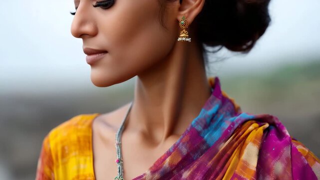 4k Close-up portrait of a woman in a colorful sari intricate patterns and textures, natural light