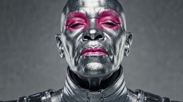Silver android with pink makeup and futuristic armor stares directly forward. Studio lighting emphasizes the reflective metallic skin texture and detailed cosmetics.