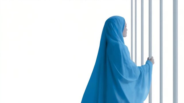 4k Illustration of a woman in blue burqa standing behind iron bars, symbolic artwork representing oppression and struggle for freedom, minimalist flat style, emotional contrast, white