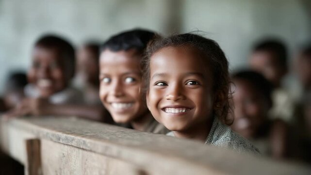 4k Group of children from impoverished regions attending school in a small rural classroom worn wooden desks, bright smiles, sunlight streaming through windows, focus on