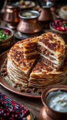 A close-up shot of a savory layered pastry, artfully arranged on an antique copper plate, accompanied by a selection of culinary delights. Captures the warmth and richness of a festive spread.