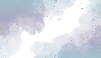 Abstract watercolor style illustration with light blue and purple paint stains on white background and golden splashes. Design template for cards, wedding invitations or birthdays