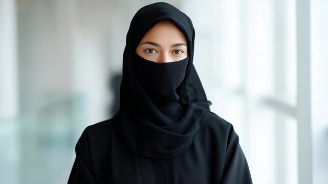 4k Portrait of a woman wearing a black niqab standing in a bright modern hallway, calm expression, soft light, concept of dignity, cultural identity, and resilience
