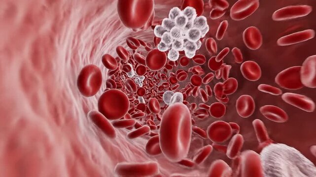 Red blood cells, white blood cells, and platelets travel through a blood vessel. 3D rendering shows detailed cellular structures with realistic lighting.