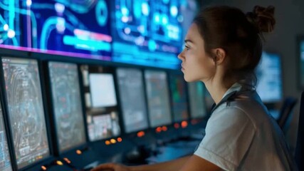 Focused Vigilance in Tech Hub: A focused professional intently monitors an array of digital screens, immersed in a high-tech environment of intricate data displays and technological oversight. - Powered by Adobe