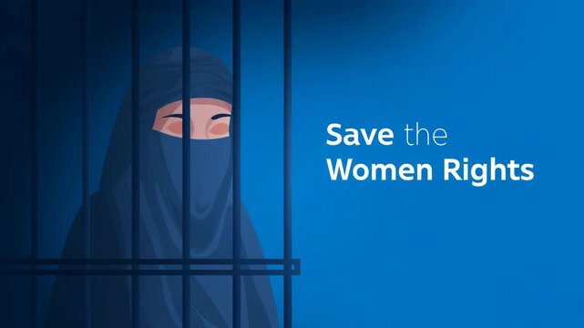 Conceptual illustration of a woman in burqa trapped behind iron bars with a strong call-to-action ""Save the Women Rights"", blue background, modern flat vector style, global awarene 4k