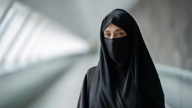 A woman in traditional black niqab standing in a futuristic corridor with soft neutral lighting, symbol of balance between faith, modern life, and independence tradition, modernity" 4k