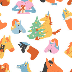 seamless pattern with Christmas horses characters. Element for decoration design mail posts postcards poster print invitation background backdrop wrapping wallpaper banner textile