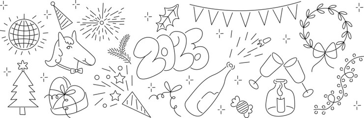 Celebrating icons in doodle style in vector. Elements for poster sticker design decoration on birthday, new year, Christmas