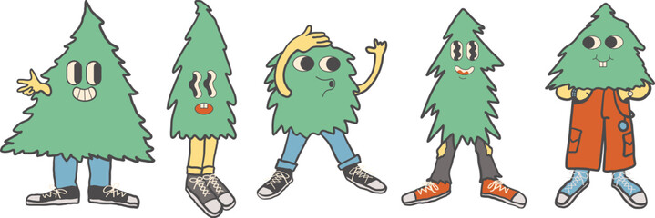 Set of Christmas tree characters in doodle style in vector. Elements for poster postcards stickers design