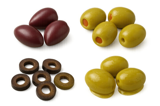 Olives collection featuring whole pimento stuffed, pitted green, kalamata, and black sliced on transparent background