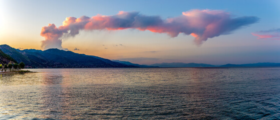 Dramatic Sunset Clouds Over Lake Ohrid and Mountain Silhouettes at Dusk