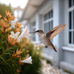 Fototapeta premium Hummingbird hovering near white flower in garden sunlight delicate wings peaceful nature closeup summer outdoor