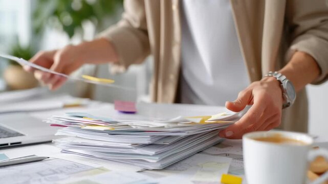 A person is sitting at a desk with a pile of papers and a cup of coffee. The scene suggests a busy workday, with the person likely working on a project or task