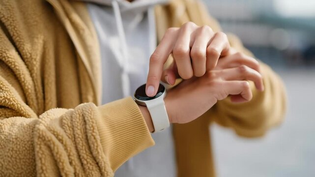 A person wearing a yellow jacket and white hoodie is looking at their watch. The watch is on their left wrist