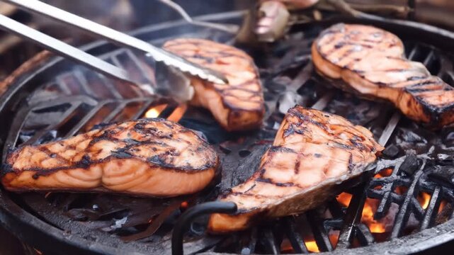 Grilled salmon steaks cooking over open flame on a charcoal grill
