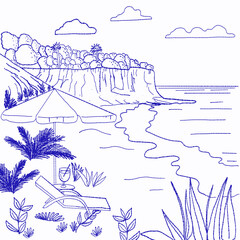 Sketch summer illustration near the water, sea, ocean near the mountain, coast resort