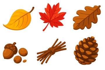 Obraz premium Vibrant Autumn Icons. Isometric vector illustration set Autumn Leaf Pile: curled yellow leaf, crimson maple cluster, brown oak
