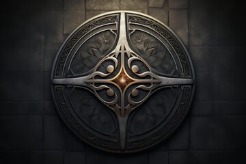 Naklejka premium Metal shield with intricate patterns and glowing center featuring strong concepts of power and protection