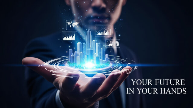 Businessman holding glowing cityscape with futuristic data visualization - Powered by Adobe