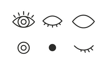 Obraz premium Line Style Eye Icons. Line style icons of Eye: open eye, closed eye, eye outline, iris ring, minimal pupil, soft lash arc. No text