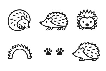 Fototapeta premium Hedgehog Line Icons. Line style icons of Hedgehog: curled hedgehog, walking hedgehog, hedgehog face, spine arc, tiny paws, rounded