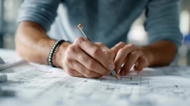 A man is writing with a pencil on a piece of paper. Concept of focus and concentration as the man carefully writes. The pencil and paper suggest a creative or artistic process, while the man's hand