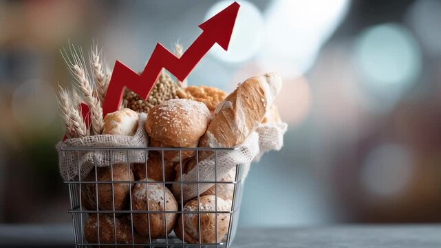 A basket filled with various types of bread, including bagels and croissants, is placed on a table. A red arrow is drawn on top of the bread, pointing upwards, creating a sense of growth and progress