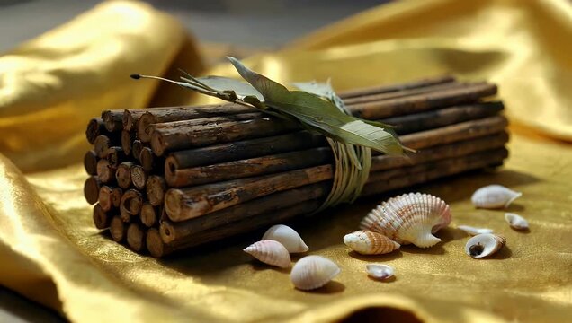 Elegant 4K aroma rapy still life featuring palo santo wood sticks and seashells arranged on golden cloth filmed in slow motion to emphasize purification rituals calm energy and mindful wellness