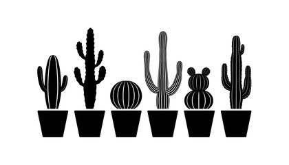 Cactus silhouette set of vector illustrations design, Various isolated  cactus logo shapes in black on white background, line art cactus desert flower character symbol, icon and sketch imitation