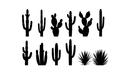 Cactus silhouette set of vector illustrations design, Various isolated  cactus logo shapes in black on white background, line art cactus desert flower character symbol, icon and sketch imitation
