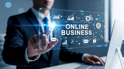 Businessman interacting with online business interface at modern office desk