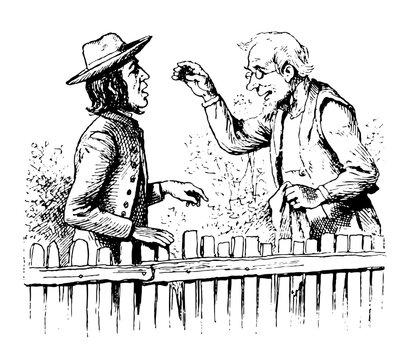 Two Men Talking at the fence, one waving his hand.