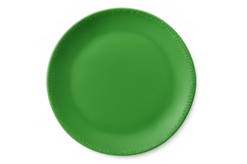 Round empty green ceramic plate from a top view, featuring a decorative dotted rim, ready for food preparation or serving