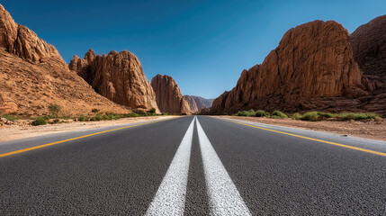 Long empty road stretches through desert canyon, blue sky above, dramatic rocky cliffs, adventure and freedom inspire travel