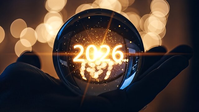 A hand holding a crystal ball reflecting the year 2026 with a mystical glow, symbolizing future predictions and foresight.