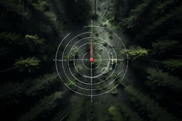 Aerial view showing target crosshairs over a green forest