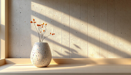Minimalist wabi sabi interior with a ceramic terrazzo vase and dried branches. Warm natural sunlight, soft window shadows, neutral background and large copy space.