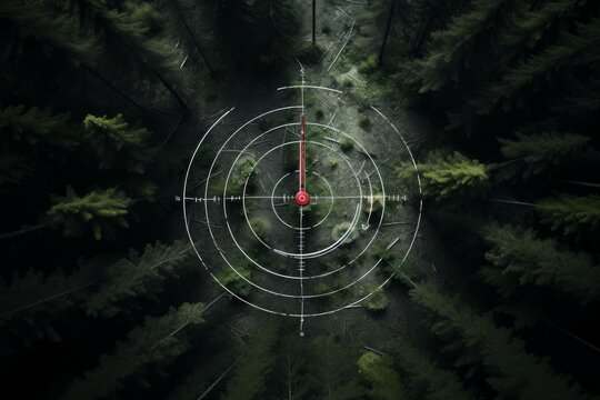 Aerial view showing target crosshairs over a green forest - Powered by Adobe