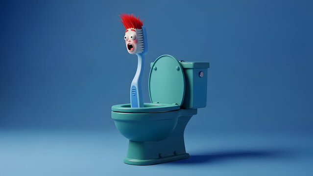 A toilet with a toothbrush emerging from it with a comical expression