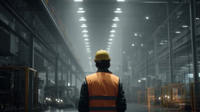 Industrial Surveyor: A solitary figure, clad in protective gear, navigates the expansive interior of an industrial facility, embodying precision, commitment, and vigilance.