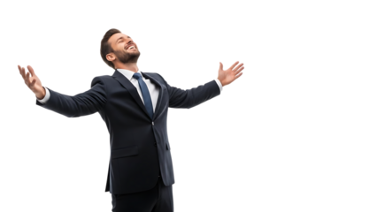 Successful businessman in suit celebrating victory with open arms, laughing and looking up, feeling free and joyful, isolated on transparent background.