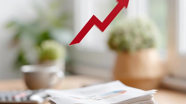 A stack of papers with a red arrow on top of it. Concept of growth and progress