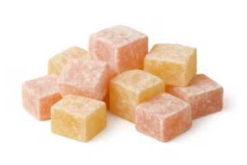 Turkish delight cubes in pink and yellow colors, piled up and ready for eating, representing traditional sweets and dessert