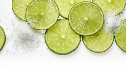 Fresh green lime slices and coarse sea salt crystals on white
