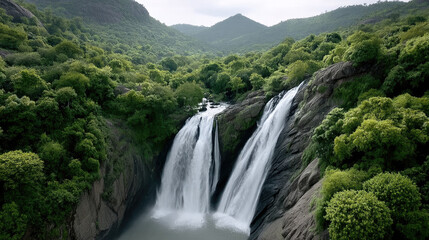 Aerial view massive waterfall lush green forest rocky landscape mountain natural beauty serene misty atmosphere