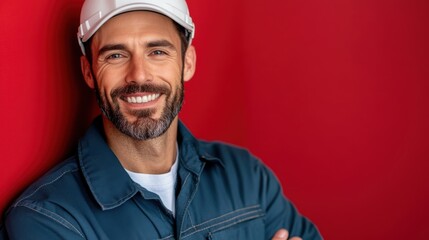 Skilled mechanic smiling confidently against a vibrant red backdrop